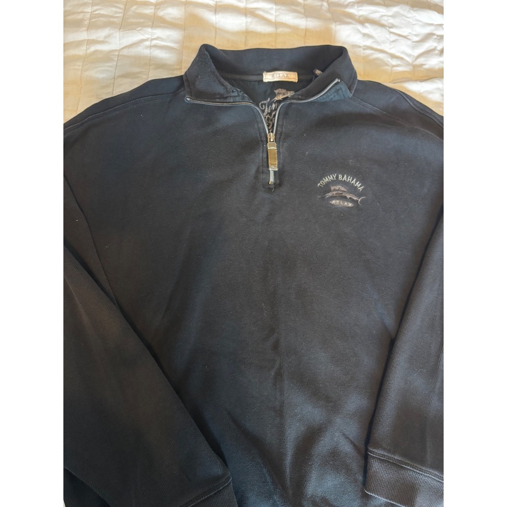 Tommy Bahama Relax Mens XL Black 1/4 Zip Cotton Pullover Marlin Logo Sweatshirt